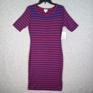 LuLaRoe Julia Dress M Red & Blue Striped Knit Bodycon Sheath Casual Stretch NWTs